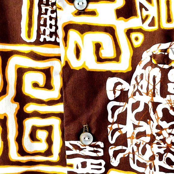 Vintage Malihini Hawaii Men's Hawaiian Shirt Tiki Aloha Pattern Brown Gold - Picture 5 of 7